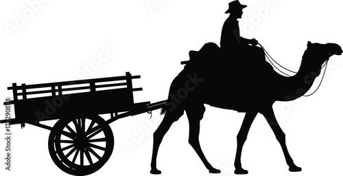 Camel cart rider silhouette illustration, traditional desert transport and cultural mobility concept artwork for lifestyle and heritage design
