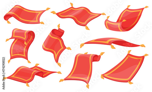 Cartoon magic carpet. Flying rug, arabic red carpets aladdin arabian fairytale fantasy sorcery mat rugs plane oriental vintage game animation poses set neat vector illustration