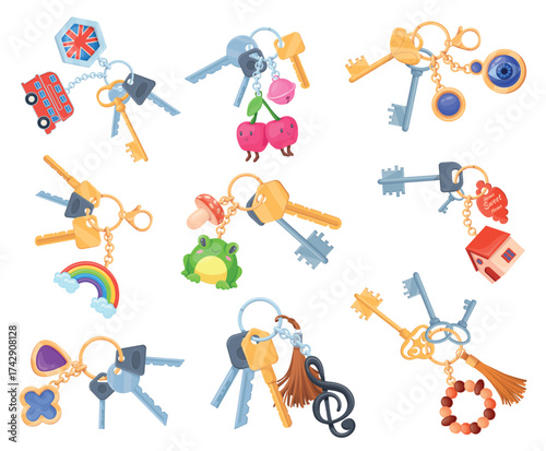 Cartoon key holders. Bunch of keys with keychains, keyrings beads decorative trinkets charm fob pendant silver chain ring real estate new home house, set neat vector illustration
