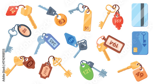 Hotel keys. Motel key with room number on tag, door locker card travel apartment security technology rooms label keychains keyrings fob pendant chain set, neat vector illustration