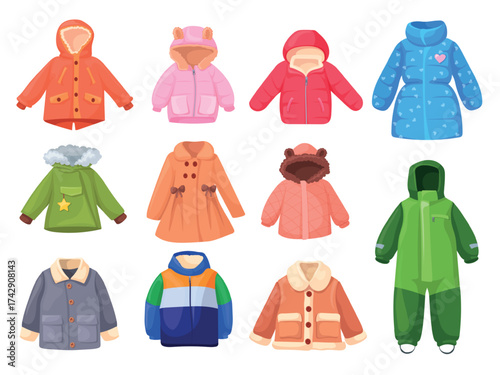 Children winter coats. Kids warm clothes, fashion coat modern jacket girl boy outerwear outfit cold autumn season wardrobe baby child garment for snow walk neat vector illustration