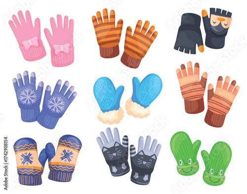 Cartoon winter gloves. Warm mittens, child glove for snow weather or cold autumn season cute mitten kid hand clothing wool fabric garment, wintertime set neat vector illustration