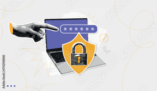 Cybersecurity collage. Secure cyber password, computer information protect shield padlock lock hacker key save internet safety data technology, halftone exact vector illustration