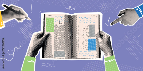 Hand book collage. Student hands hold open book, read school textbook college study university education learn concept retro halftone paper cutout banner exact vector illustration