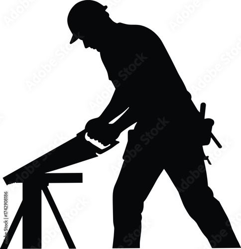Carpenter silhouette illustration with hand saw and sawhorse, skilled manual labor and construction concept artwork for industry and education