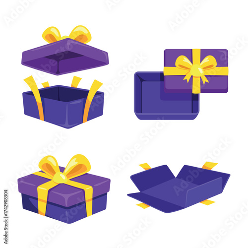 Cartoon open gift boxes. Opened giftbox, unbox present with ribbon bow birthday surprise market store prize discount bonus isometric gifts box top view, kicky vector illustration