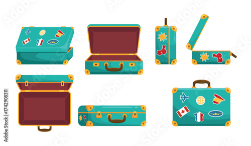 Open travel suitcases. Opened and closed luggage with country stickers, empty briefcase vintage trunk luggage handle summer vacation trip abroad journey, kicky vector illustration