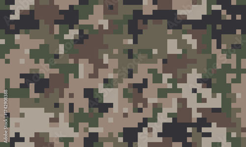 Abstract digital camouflage pattern.  Versatile, pixelated design ideal for backgrounds, textiles, or militarythemed projects.  Modern, textured aesthetic conveys concealment and strategy.