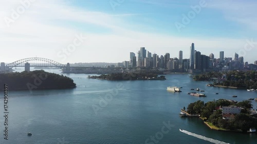 Aerial view of major architecture landmarks of Australia in Sydney on harbour waterfront.