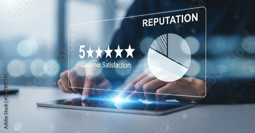 Customer Satisfaction Survey Concept with 5-Star Rating and Reputation Score for Service Quality and User Ratings