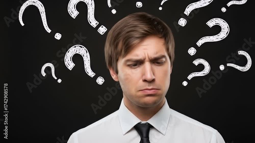 Worried businessman with question marks on a black background	