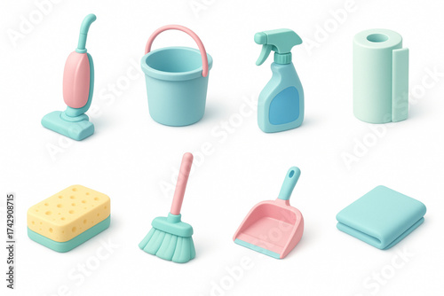3D Isometric Icon Set of House Cleaning Supplies in Pastel Colors with Soft Lighting