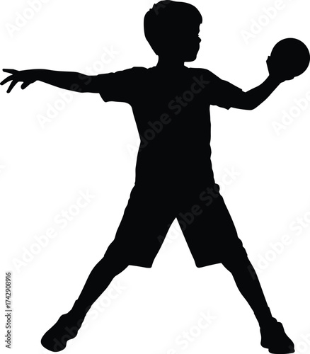 Child throwing ball silhouette illustration, playful motion and sport activity concept artwork for lifestyle, youth, and recreation design