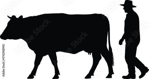 Cow herding silhouette illustration, traditional rural lifestyle and agricultural labor concept artwork for sustainability, culture, and environment design