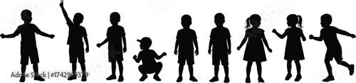 Children silhouettes collection, playful kids in various poses, standing squatting gesturing, childhood activity illustration set, vector art