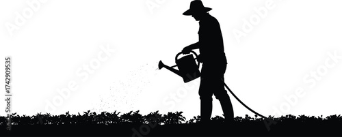 Gardening silhouette illustration with watering can and hose, sustainable agriculture and environmental care concept artwork for lifestyle design