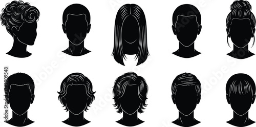 Human head silhouettes collection, 10 diverse hairstyles, male and female profiles, haircut variety illustration set, vector art