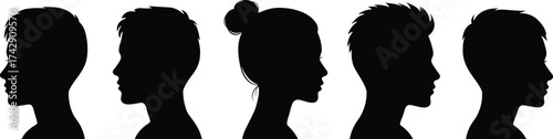 Human head silhouettes collection, male and female profiles, diverse hairstyles side view, minimalist portrait illustration set, vector art
