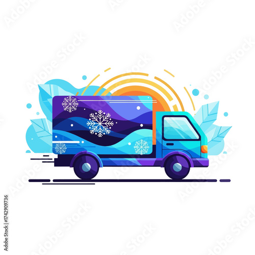 Stylized illustration of a refrigerated delivery truck with a winter snowflake design, depicted in motion against an abstract sun and foliage.