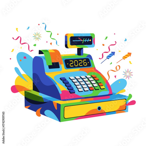 Colorful cash register with confetti and fireworks illustration.