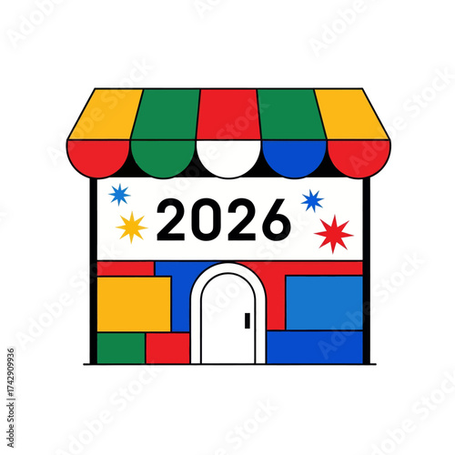 A colorful storefront with the year 2026 displayed prominently, suggesting a business or event in the future.