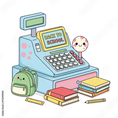 A cute kawaii cash register with a 'Back to School' sign, surrounded by a backpack, books, and stationery.