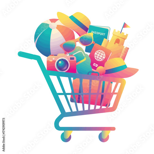 A vibrant illustration of a shopping cart overflowing with summer vacation essentials.