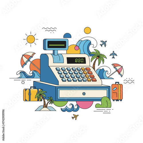 A vintage blue cash register is surrounded by colorful travel-themed elements like suitcases, palm trees, and waves.