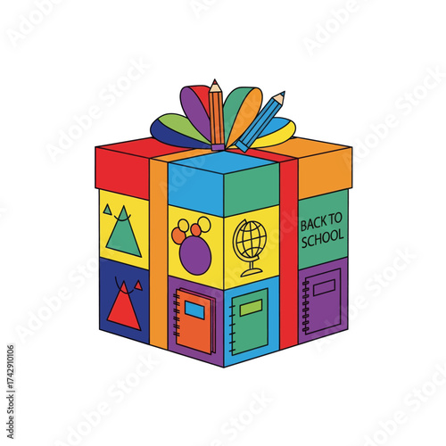 A colorful gift box decorated with school supplies and educational icons for a back-to-school theme.