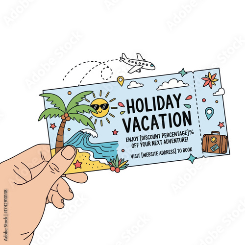 A hand holding a holiday vacation ticket with a beach scene, sun, and airplane.