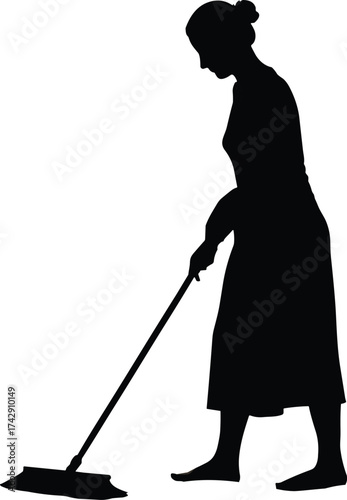 Mopping silhouette illustration, domestic cleaning and household labor concept artwork for lifestyle, responsibility, and community care design