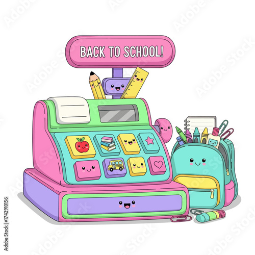 Cute cartoon cash register and backpack filled with school supplies, celebrating back to school.