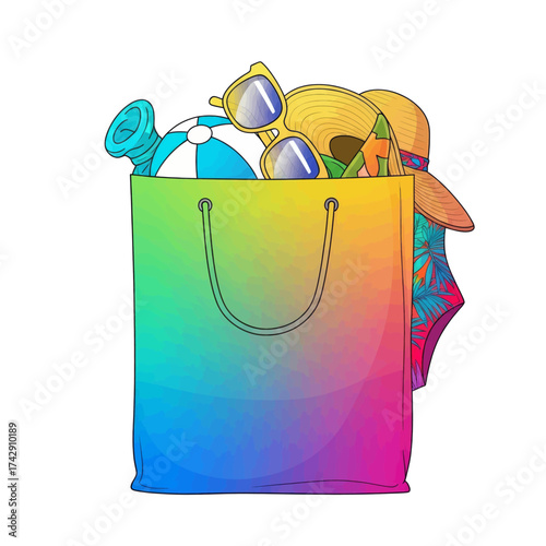 A colorful shopping bag filled with summer vacation essentials, including a swimsuit, sunglasses, a beach ball, and a hat.