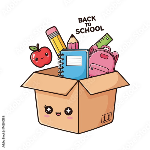 A cute cartoon cardboard box filled with various school supplies like a pencil, notebook, ruler, apple, and backpack, with "BACK TO SCHOOL" text.