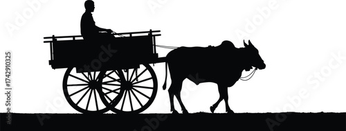 Ox cart silhouette illustration, traditional rural transport and agricultural lifestyle concept artwork for heritage, mobility, and environment design