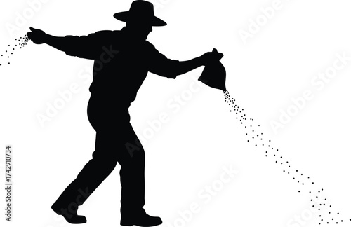 Seed sowing silhouette illustration, traditional farming and rural labor concept artwork for agriculture, sustainability, and lifestyle design
