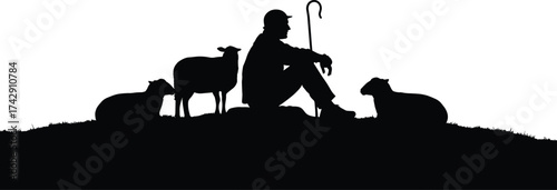 Shepherd with sheep silhouette illustration, pastoral care and rural life concept artwork for tradition, lifestyle, and agriculture design