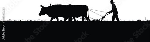 Traditional farming silhouette illustration with oxen and plow, rural labor and agriculture concept artwork for heritage and sustainability design