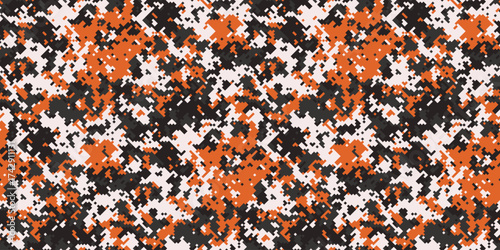 Abstract digital camouflage pattern in vibrant orange, black, and white.  Perfect for backgrounds, textiles, or any design needing a bold, modern, and slightly aggressive aesthetic.