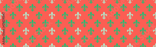 Elegant coral and green fleurdelis pattern.  Perfect for backgrounds, website design, textile prints, or any project needing a touch of regal sophistication and vibrant color.