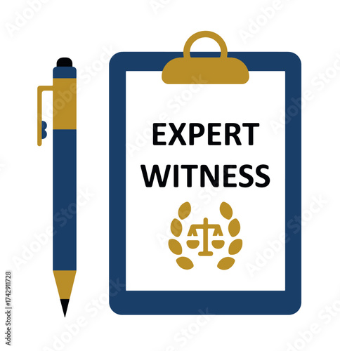 Illustration of a clipboard labeled “Expert Witness” with a pen and justice scale symbol, representing legal expertise, court testimony, and professional consultation in law and forensic fields.