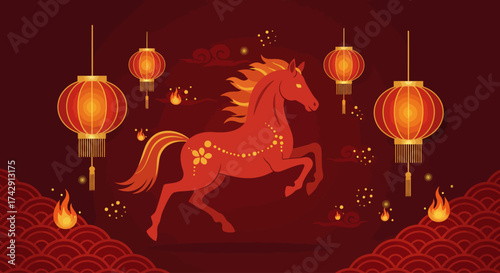 A vibrant red illustration of a galloping horse adorned with floral patterns, set against a dark red background with traditional Chinese lanterns and fiery accents.