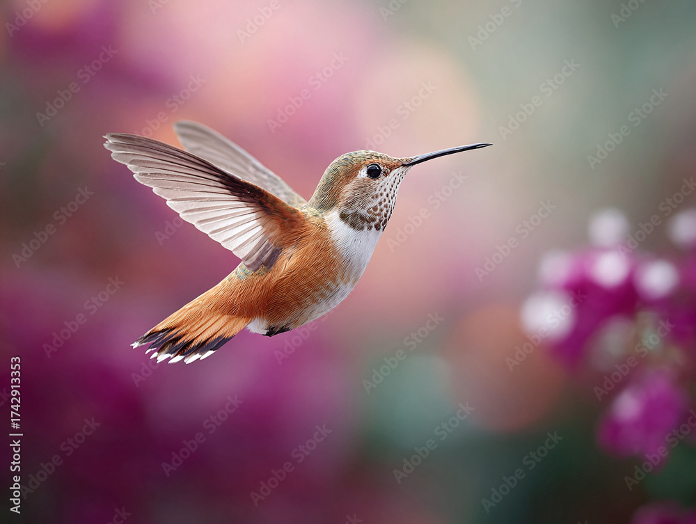 Fototapeta premium Vibrant hummingbird in midflight against a soft, floral backdrop. Symbolizes energy, freedom, and delicate beauty. Perfect for nature, wildlife, or inspirational themes.