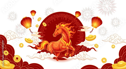 A seamless red and gold Chinese traditional pattern with circular motifs and cloud designs.