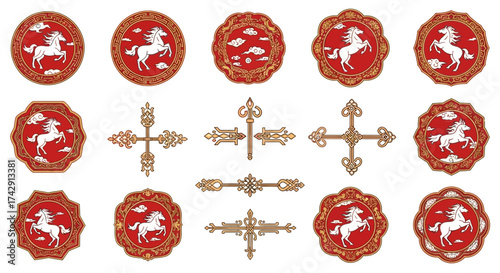 A seamless red and gold Chinese traditional pattern with circular motifs and cloud designs.