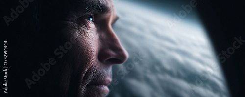 Intense closeup captures a thoughtful man gazing at the distant curvature of a planet. Represents vision, exploration, and the future. Ideal for concepts of discovery and human potential.