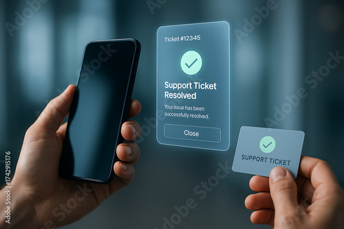 Digital Solution: A person interacts with a mobile phone displaying a 'Support Ticket Resolved' notification. A smart ticket hovers alongside the phone, symbolizing digital interaction.