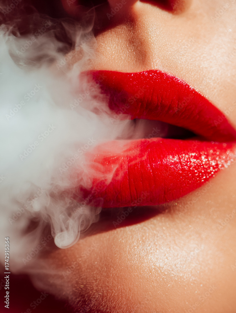 Fototapeta premium Close-up of lips with bold red lipstick exhaling smoke for a dramatic effect