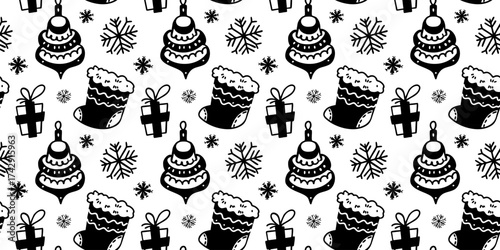 Seamless pattern with Christmas stockings and ornaments. Hand drawn doodle line art vector background. 