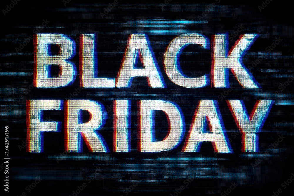 Fototapeta premium Retro VHS-styled Black Friday sale announcement with glitch text effect